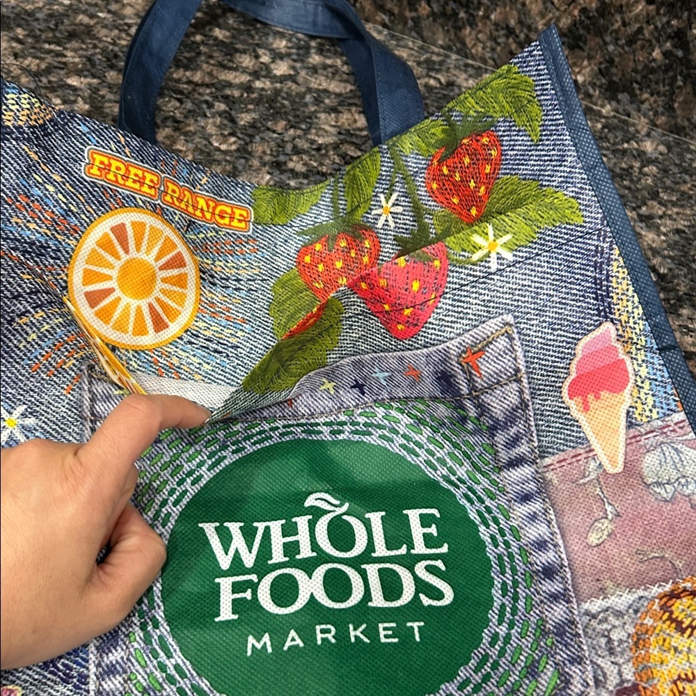 Whole Foods Market reusable shopping bag a denim jeans print-patches and pockets - Picture 4 of 5
